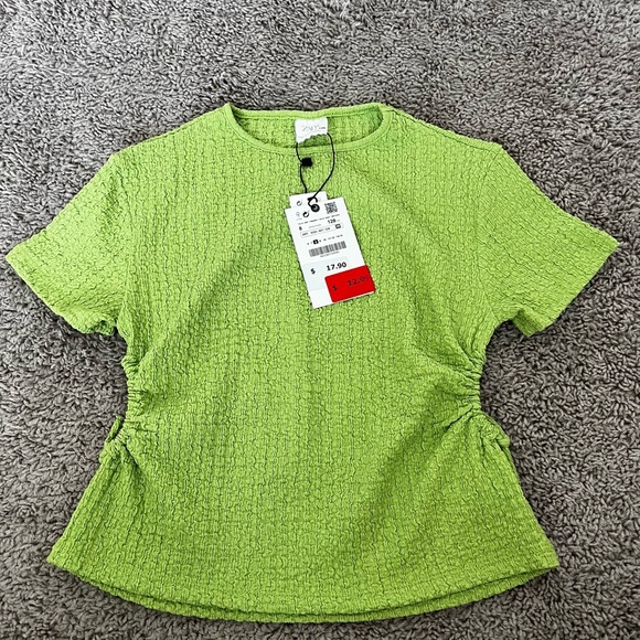 Zara Green Ruched Ribbed Short Sleeve T- shirt Girls T8 - Picture 1 of 4